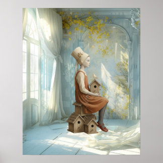 Poster Une fille et ses nichoirs | Livre illustré surréal