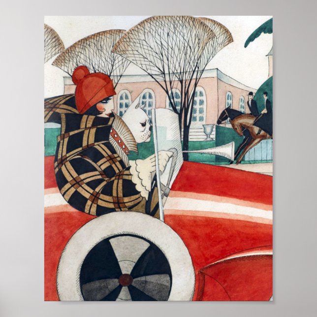 Poster Une fille et un chien Carlin dans une voiture roug (Devant)