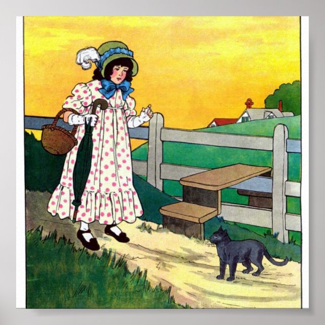 Poster Une fille fait le tour d'une oeuvre d'art de chat (Devant)