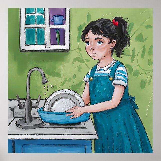 Poster Une fille lave la vaisselle dans une cuisine verte (Devant)