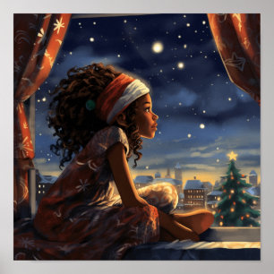 Poster Une fille noire regarde la ville le soir de Noël