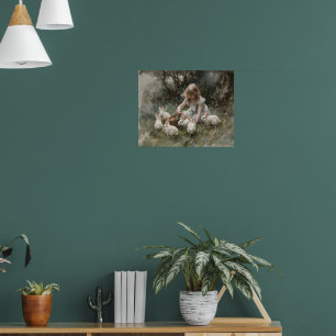 Poster Une Fille Nourrir Des Lapins Blancs Peinture Impre