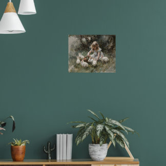 Poster Une Fille Nourrir Des Lapins Blancs Peinture Impre
