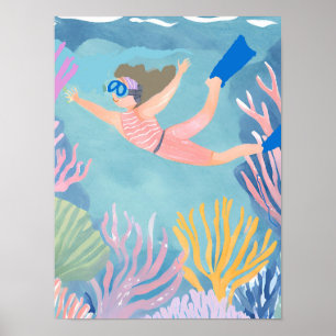 Poster Une fille snorkeling sur le récif