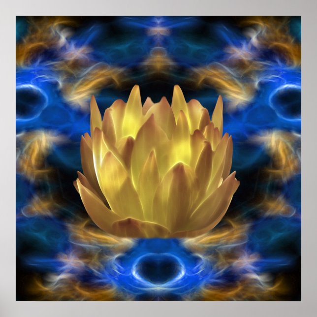 Poster Une fleur de lotus doré et des réflexions (Devant)