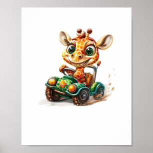 Poster Une girafe mignonne conduisant une voiture sur la 