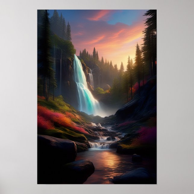 Poster Une grande cascade qui s'enfonce dans un ruisseau  (Devant)