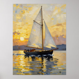 Poster Une illustration d'un voilier au coucher du soleil