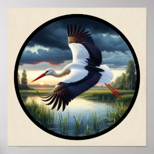Poster Une image 3D circulaire d'une belle cigogne blanch