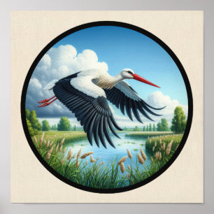 Poster Une image 3D circulaire d'une belle cigogne blanch