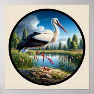 Poster Une image 3D circulaire d'une belle cigogne blanch