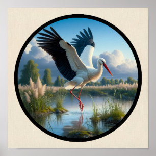 Poster Une image 3D circulaire d'une belle cigogne blanch