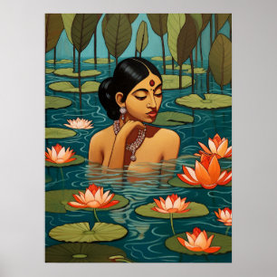Poster Une Indienne dans un étang entouré de fleurs de lo