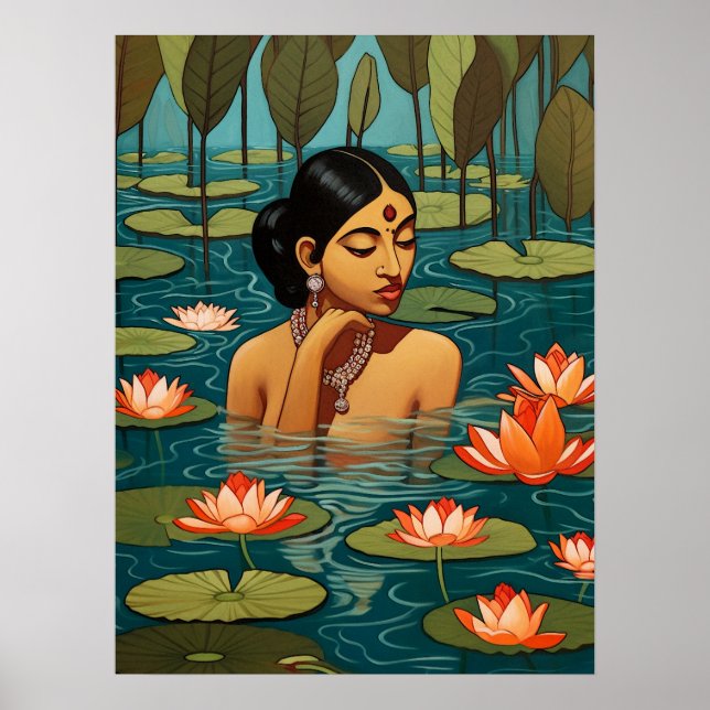 Poster Une Indienne dans un étang entouré de fleurs de lo (Devant)
