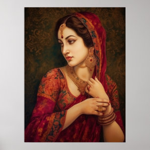 Poster Une Indienne en rouge Saree Portrait Peinture