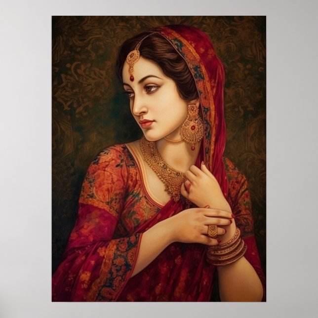 Poster Une Indienne en rouge Saree Portrait Peinture (Devant)