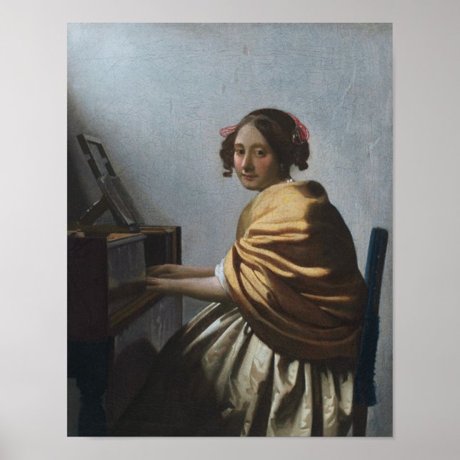 Poster Une jeune femme assise aux Virginals par Vermeer - (Devant)