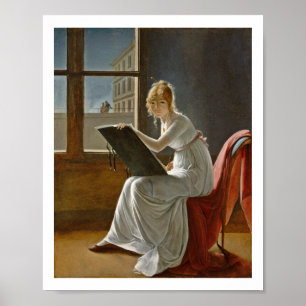 Poster Une jeune femme dessine à côté d'une fenêtre