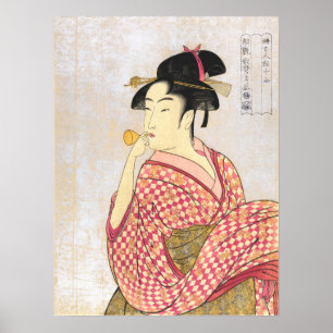 Poster Une jeune femme souffle un tuyau de verre Kitagawa