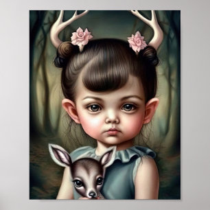 Poster Une jeune fille tenant un cerf dans les bras