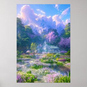 Poster Une maison magique dans une oasis en fleurs