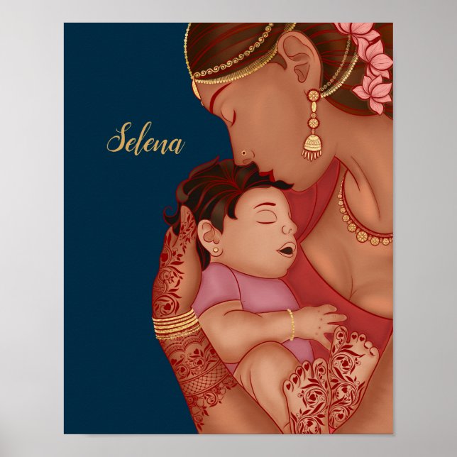 Poster Une mère indienne tient son bébé en hennée (Devant)