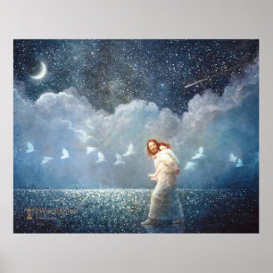 Poster Une nuit étoilée et le Christ, Art chrétien modern