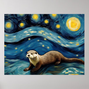 Poster Une Otter dans la mer de nuit étoilée