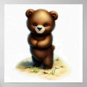 Poster Une peinture aquarelle 3D d'un ourson grizzly