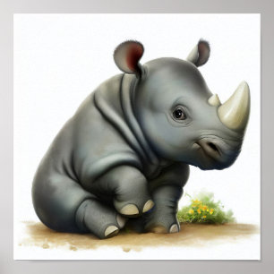 Poster Une peinture numérique d'un jeune joli rhinocéros