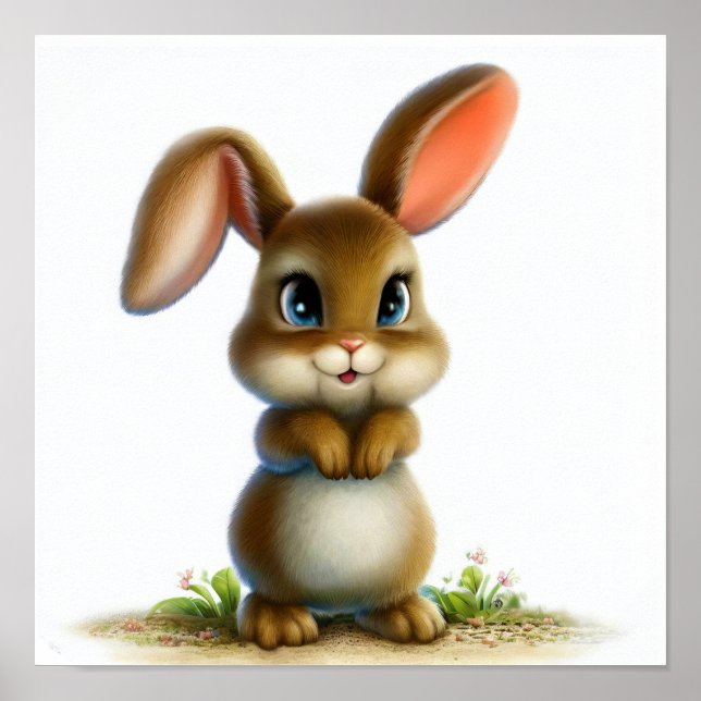 Poster Une peinture numérique d'un jeune lapin mignon (Devant)