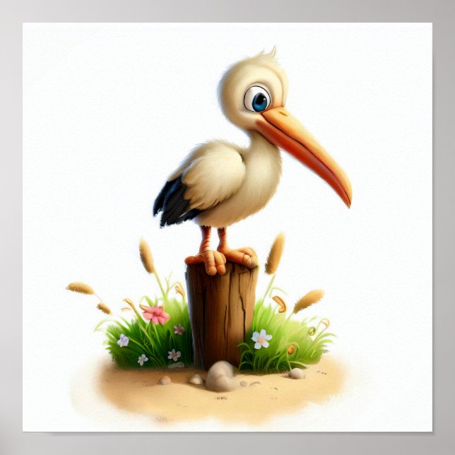 Poster Une peinture numérique d'une jeune mignonne cigogn (Devant)