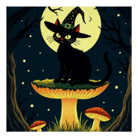  Une petite chatte noire de sorcière assise sur un