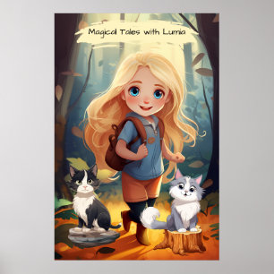 Poster Une petite fille et ses deux chats