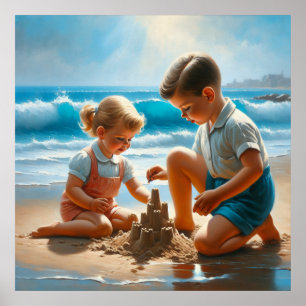 Poster Une petite fille et un garçon Bâtir un château de 