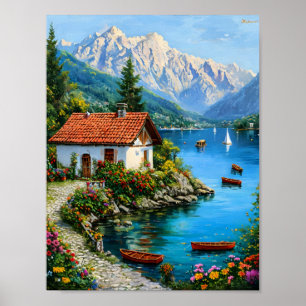 Poster Une petite maison sur fond de lac de montagne