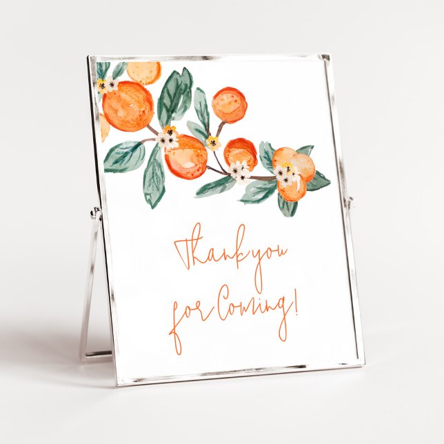 Poster Une petite ruse sur le chemin Merci orange pour ve (A Little Cutie is on the Way Baby Shower Thank You for Coming Sign)