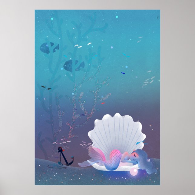 Poster Une petite sirène qui dort à l'intérieur d'un coqu (Devant)