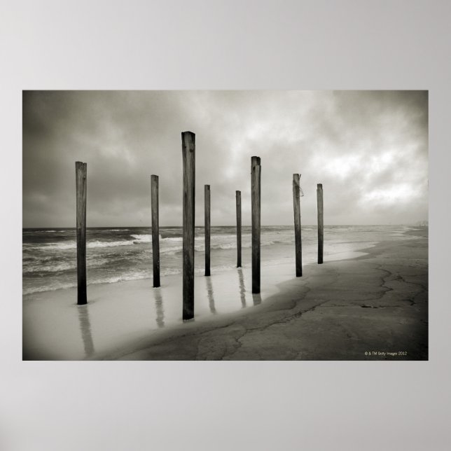 Poster Une photo sépia de vieux postes de plage (Devant)