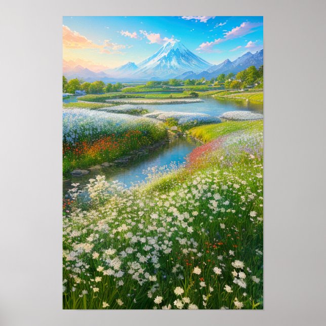 Poster Une prairie verte fleurie en blanc (Devant)