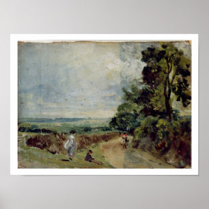 Poster Une route de campagne avec des arbres et des figur