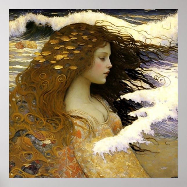 Poster Une sirène endormie rêve de coquillages dorés (Devant)