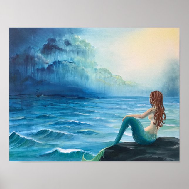 Poster Une sirène regarde un navire sur la mer d'orage (Devant)
