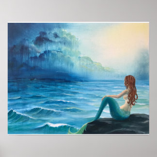 Poster Une sirène surveille le navire dans la mer d'orage