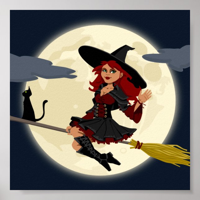 Poster Une sorcière d'halloween conviviale sur le balai e (Devant)