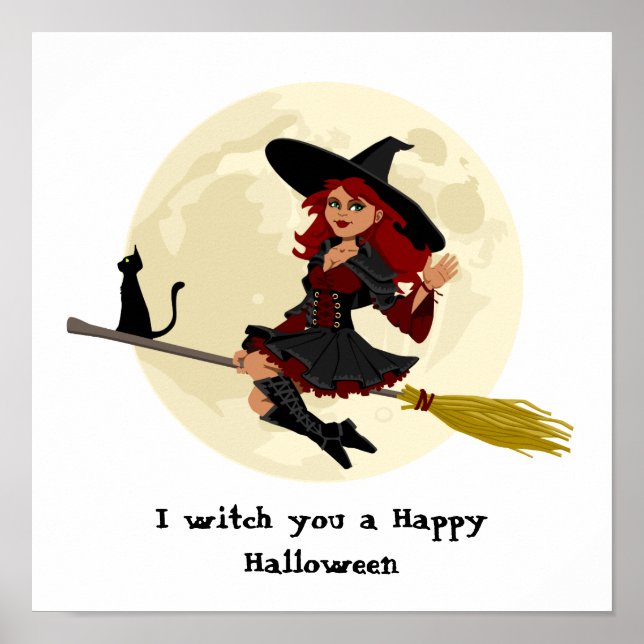 Poster Une sorcière d'halloween conviviale sur le balai e (Devant)