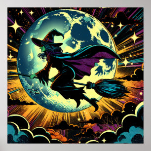Poster Une sorcière et une fête d'Halloween Pleine lune