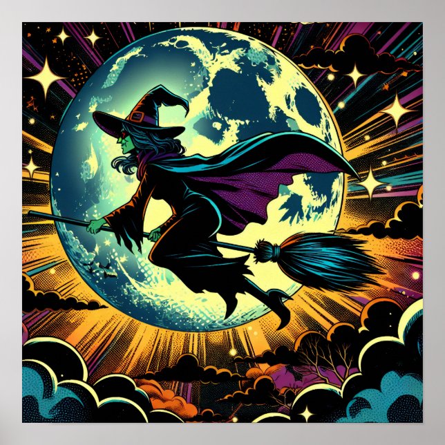 Poster Une sorcière et une fête d'Halloween Pleine lune (Devant)