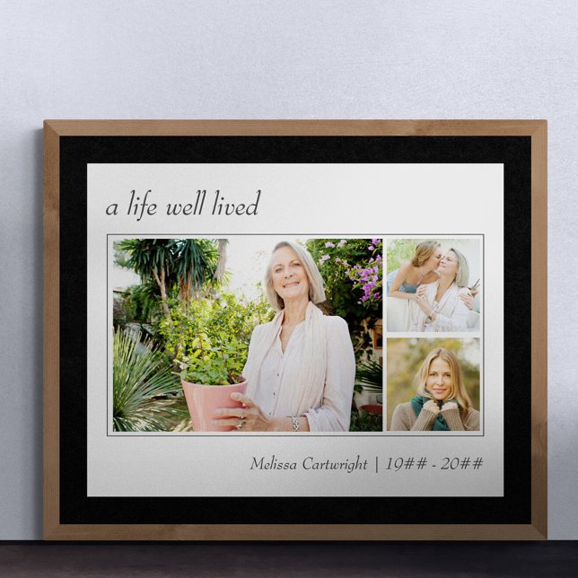 Poster Une vie bien vécue Élégant Script 3 Photo Funérail (Funeral memorial poster to order professionally printed or as a printable digital download)