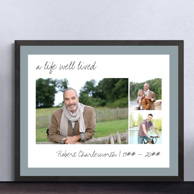 Poster Une vie bien vécue Script Décontracté 3 Photo Funé (Funeral memorial poster to order professionally printed or as a printable digital download)